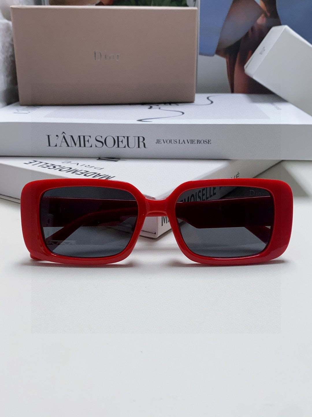 DIOR MONTAIGNE SUNGLASS 571592 IN RED ACETATE TEXT LOGO