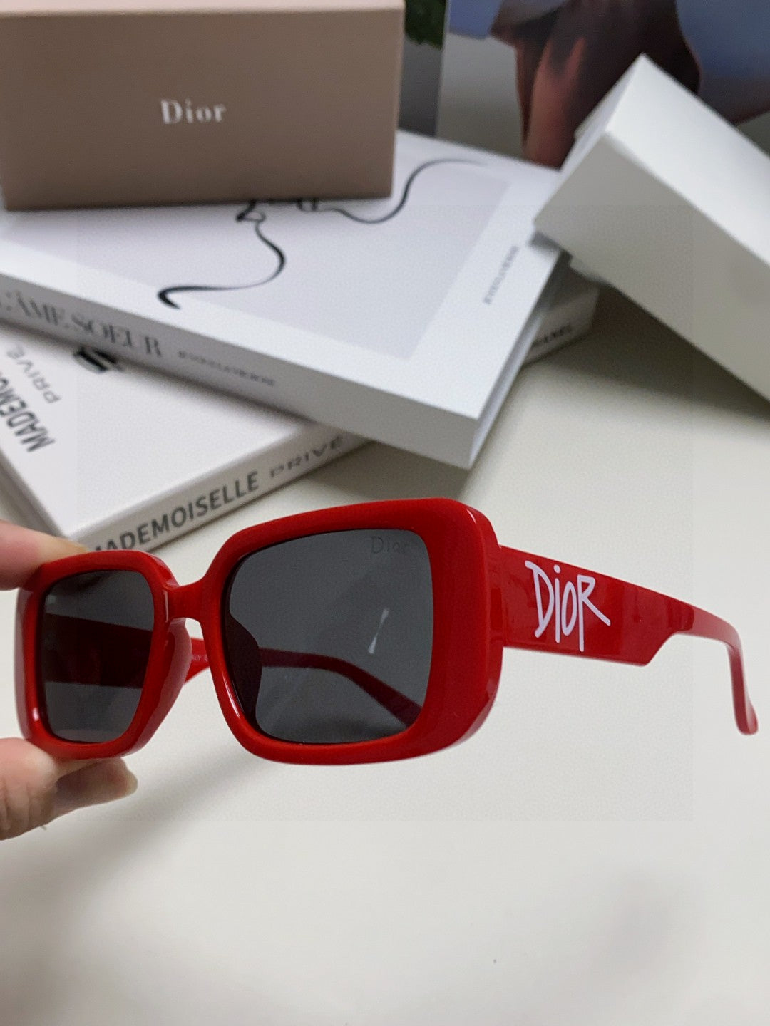 DIOR MONTAIGNE SUNGLASS 571592 IN RED ACETATE TEXT LOGO