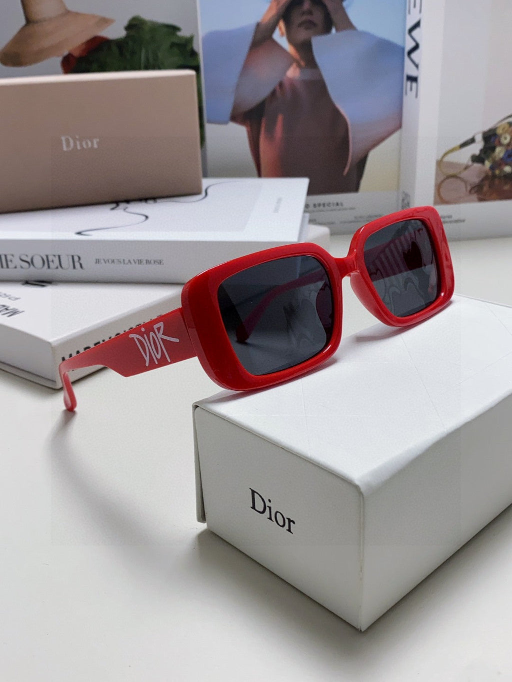 DIOR MONTAIGNE SUNGLASS 571592 IN RED ACETATE TEXT LOGO