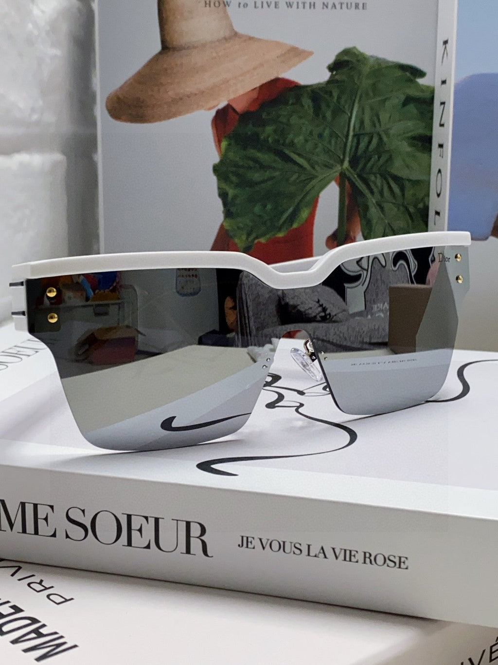 DIOR OBLIQUE SUNGLASS 571600 IN WHITE METAL BLACK MIRROR LENSES