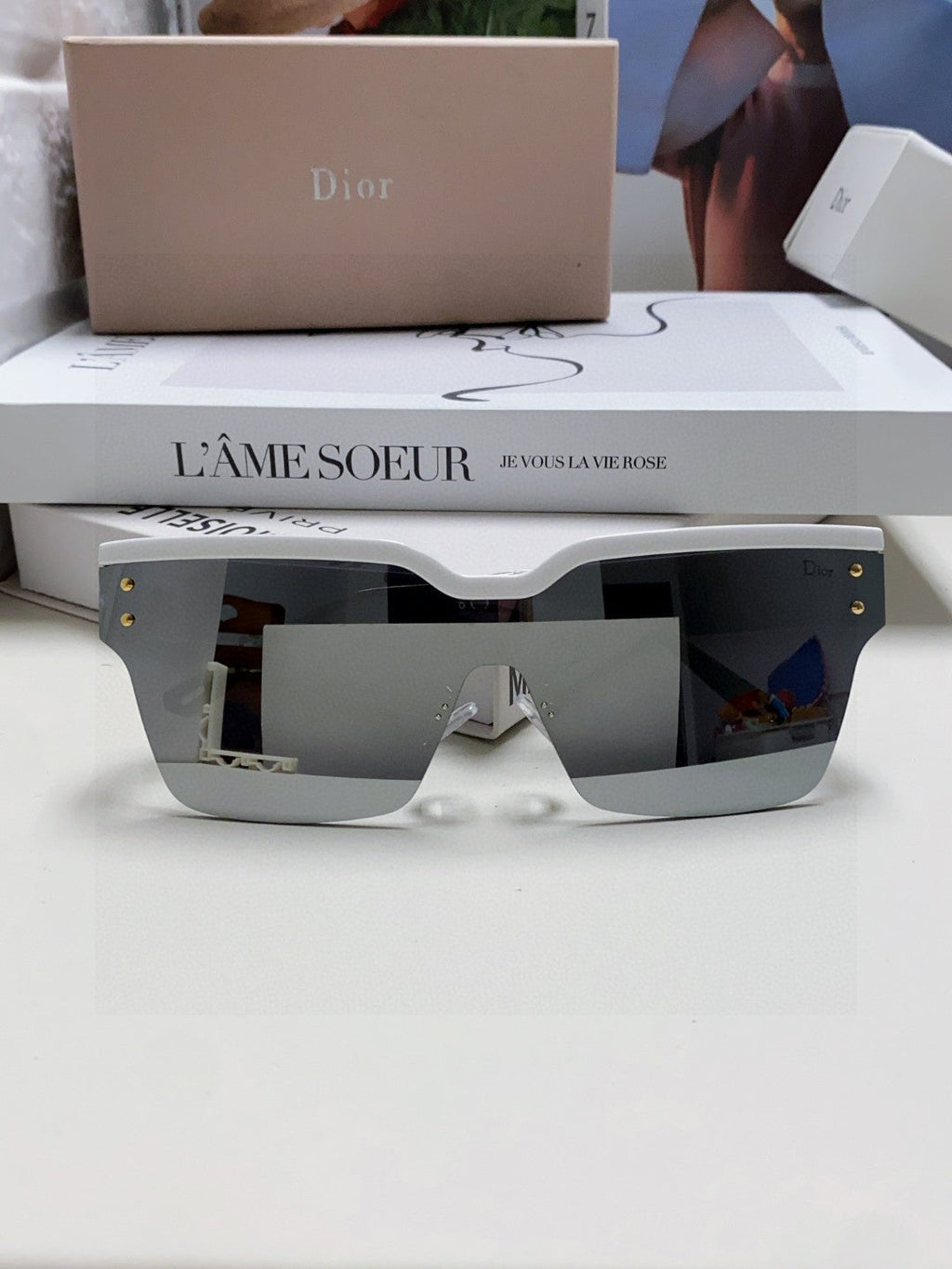 DIOR OBLIQUE SUNGLASS 571600 IN WHITE METAL BLACK MIRROR LENSES