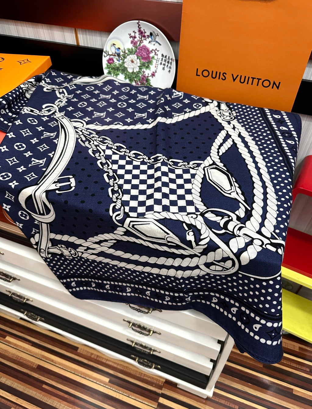 LOUIS VUITTON SAILOR BANDANA SQUARE IN MARINE BLUE SILK SCARF 140 CM