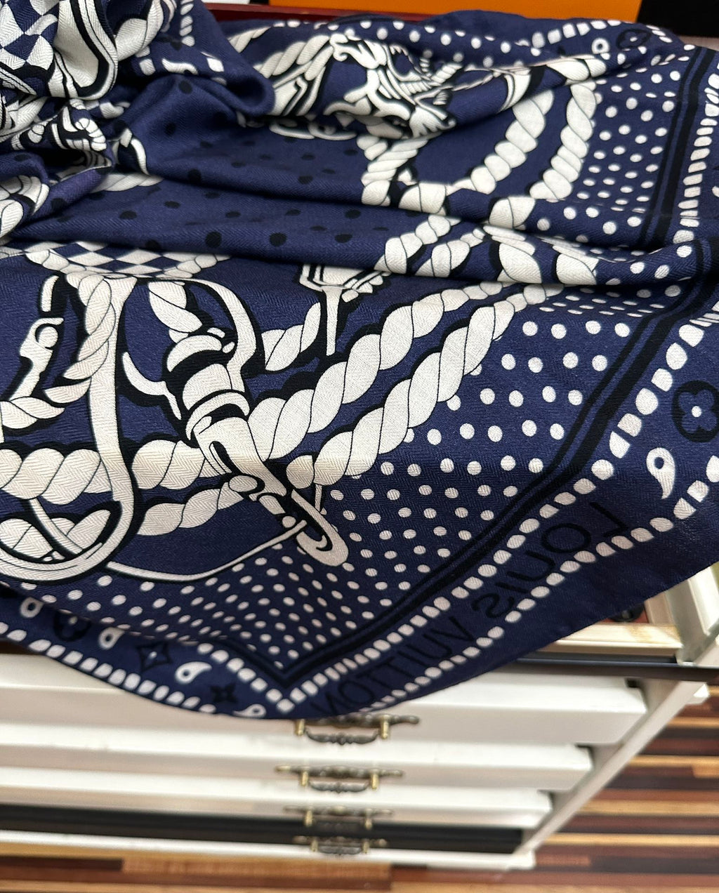 LOUIS VUITTON SAILOR BANDANA SQUARE IN MARINE BLUE SILK SCARF 140 CM