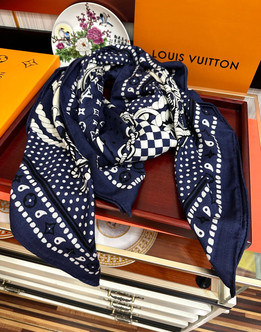 LOUIS VUITTON SAILOR BANDANA SQUARE IN MARINE BLUE SILK SCARF 140 CM
