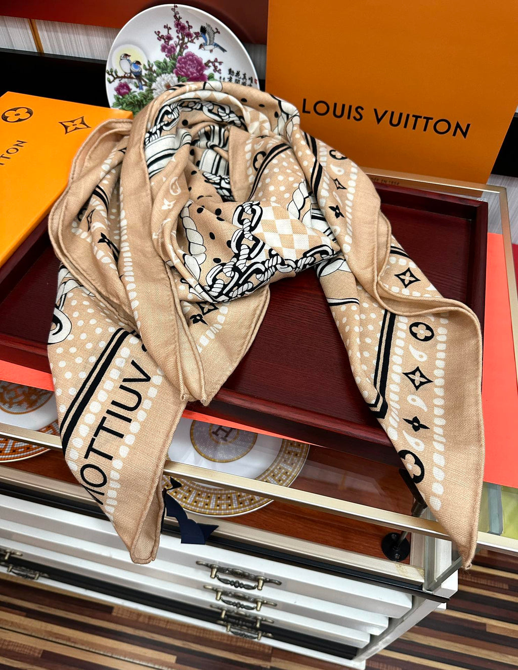LOUIS VUITTON SAILOR BANDANA SQUARE IN BISQUE BEIGE SILK SCARF 140 CM