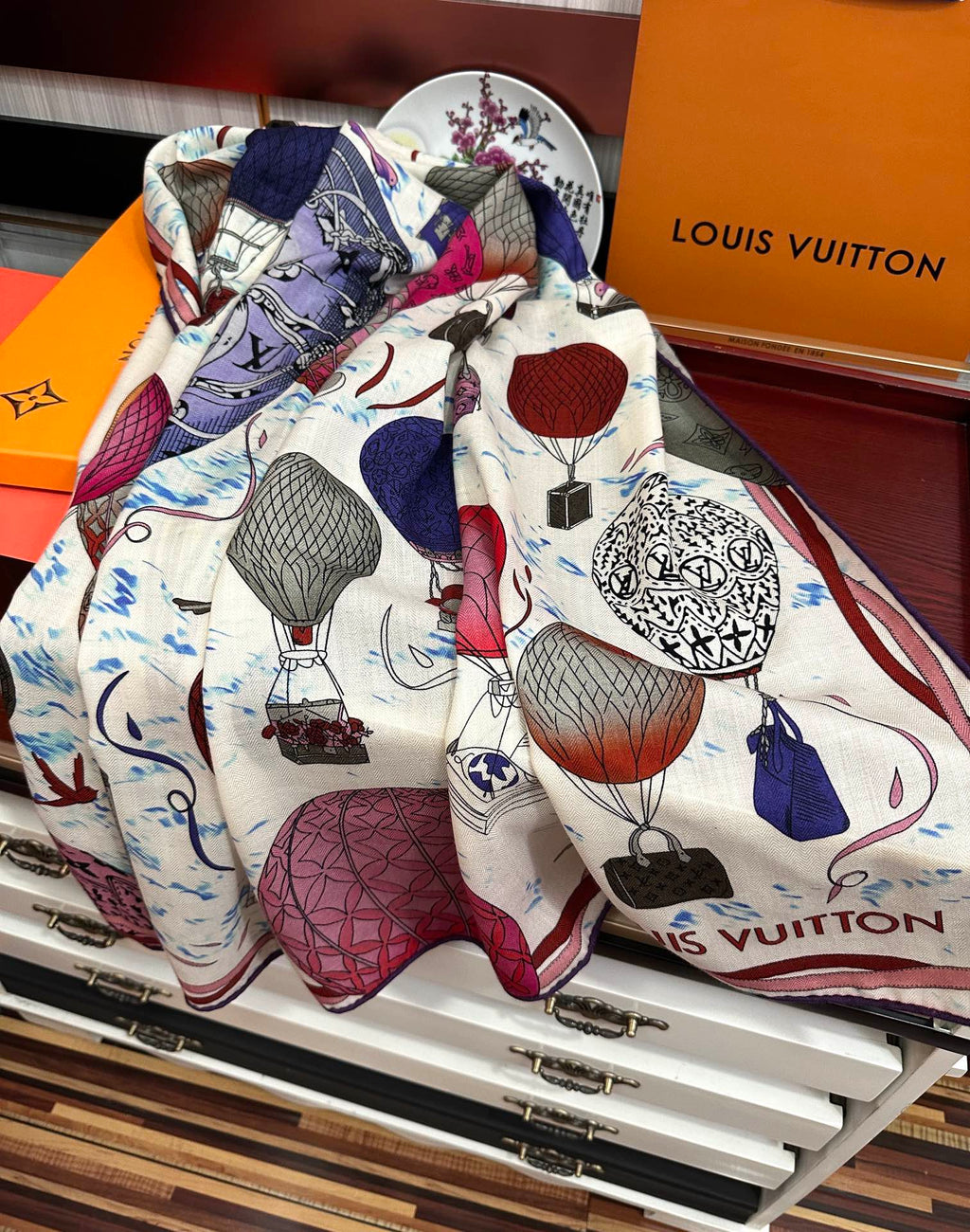 LOUIS VUITTON UP AND AWAY 140 CM SQUARE SILK SCARF COLORFUL 400073