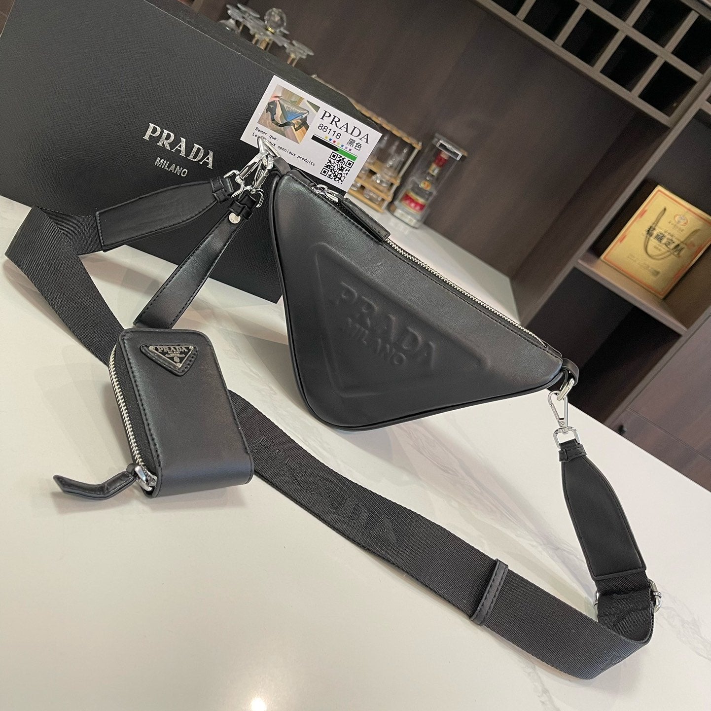 PRADA TRIANGLE 27 SHOULDER BAG IN BLACK CALFSKIN WITH STRAP