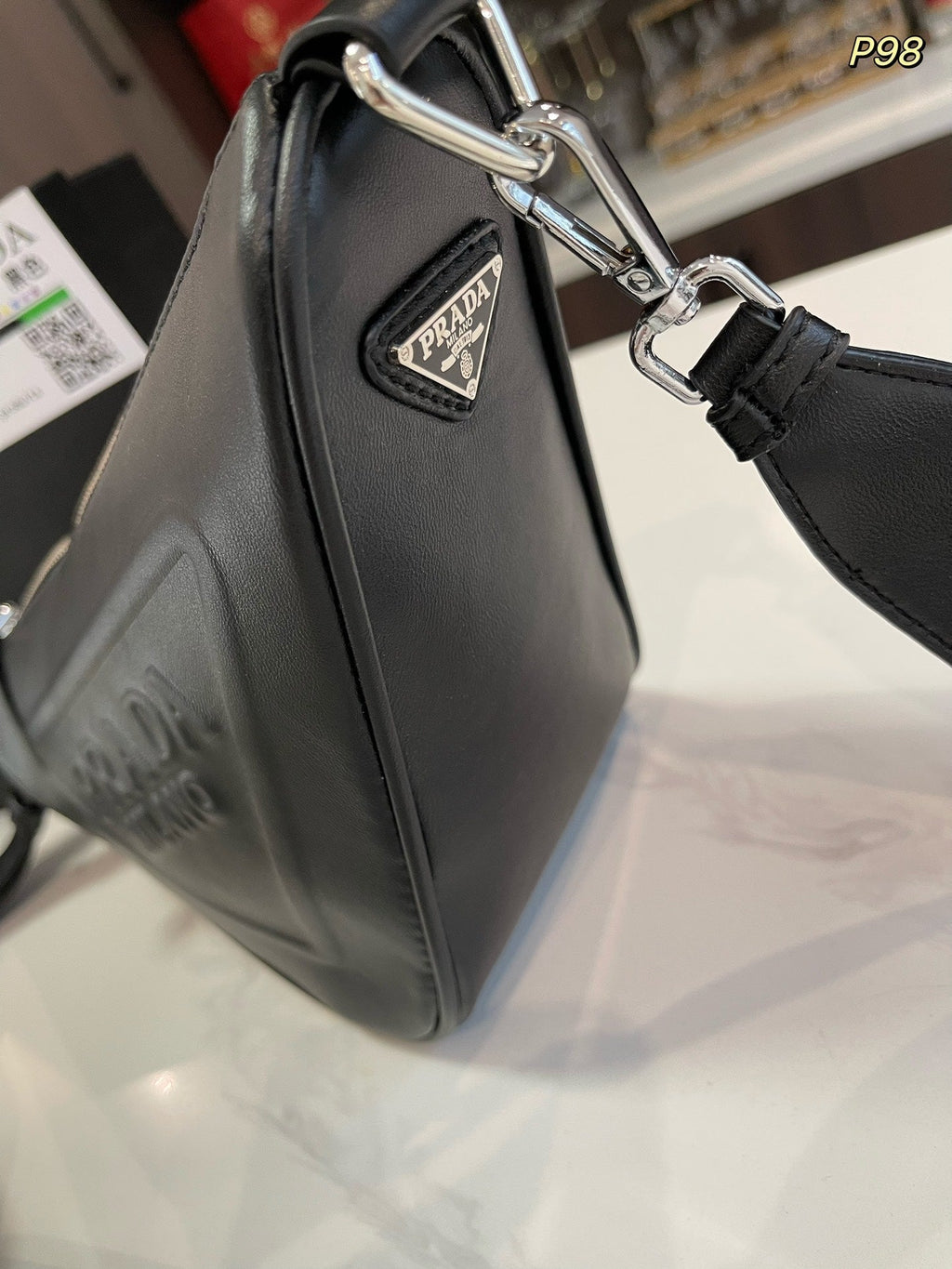 PRADA TRIANGLE 27 SHOULDER BAG IN BLACK CALFSKIN WITH STRAP