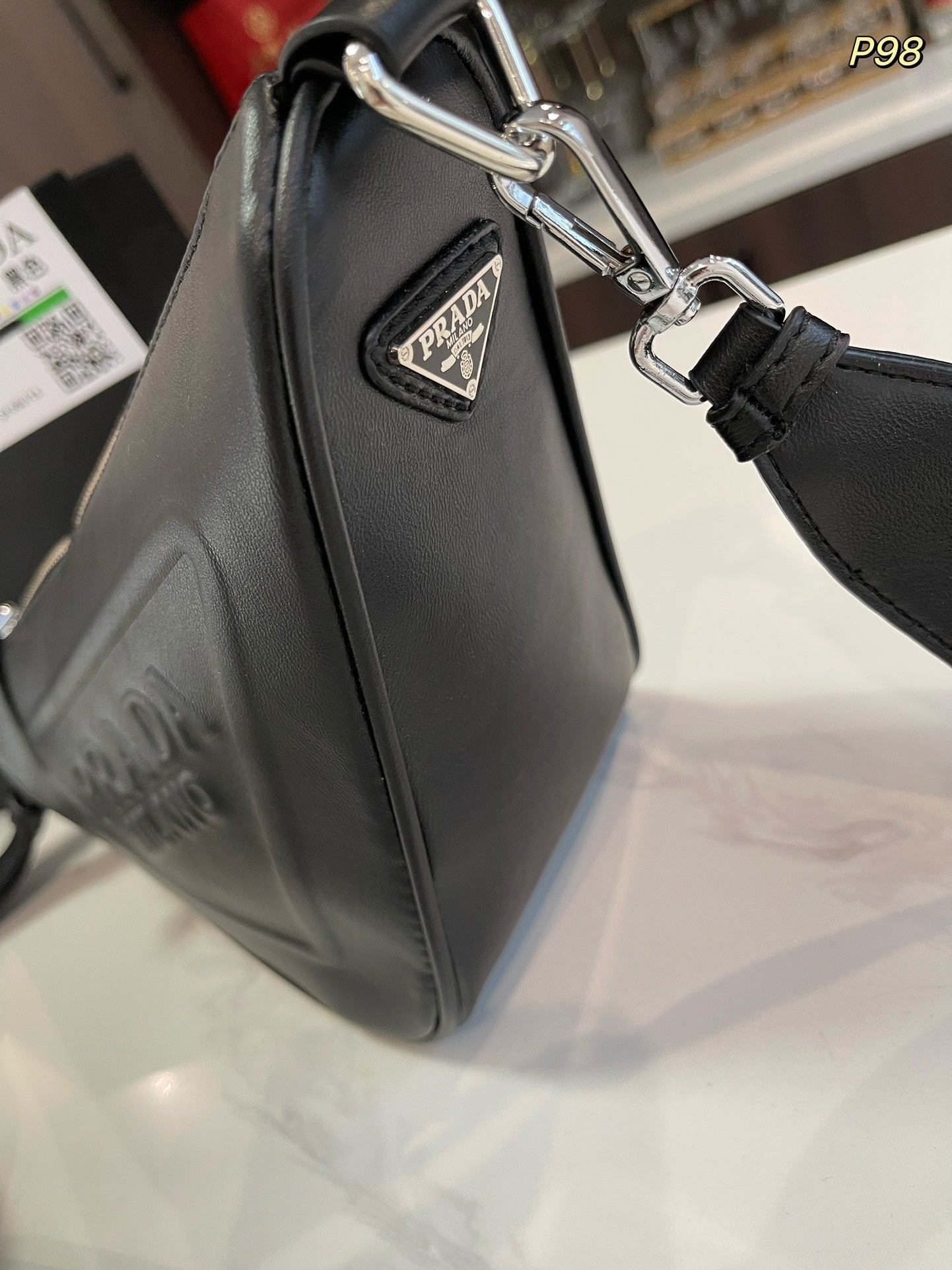 PRADA TRIANGLE 27 SHOULDER BAG IN BLACK CALFSKIN WITH STRAP