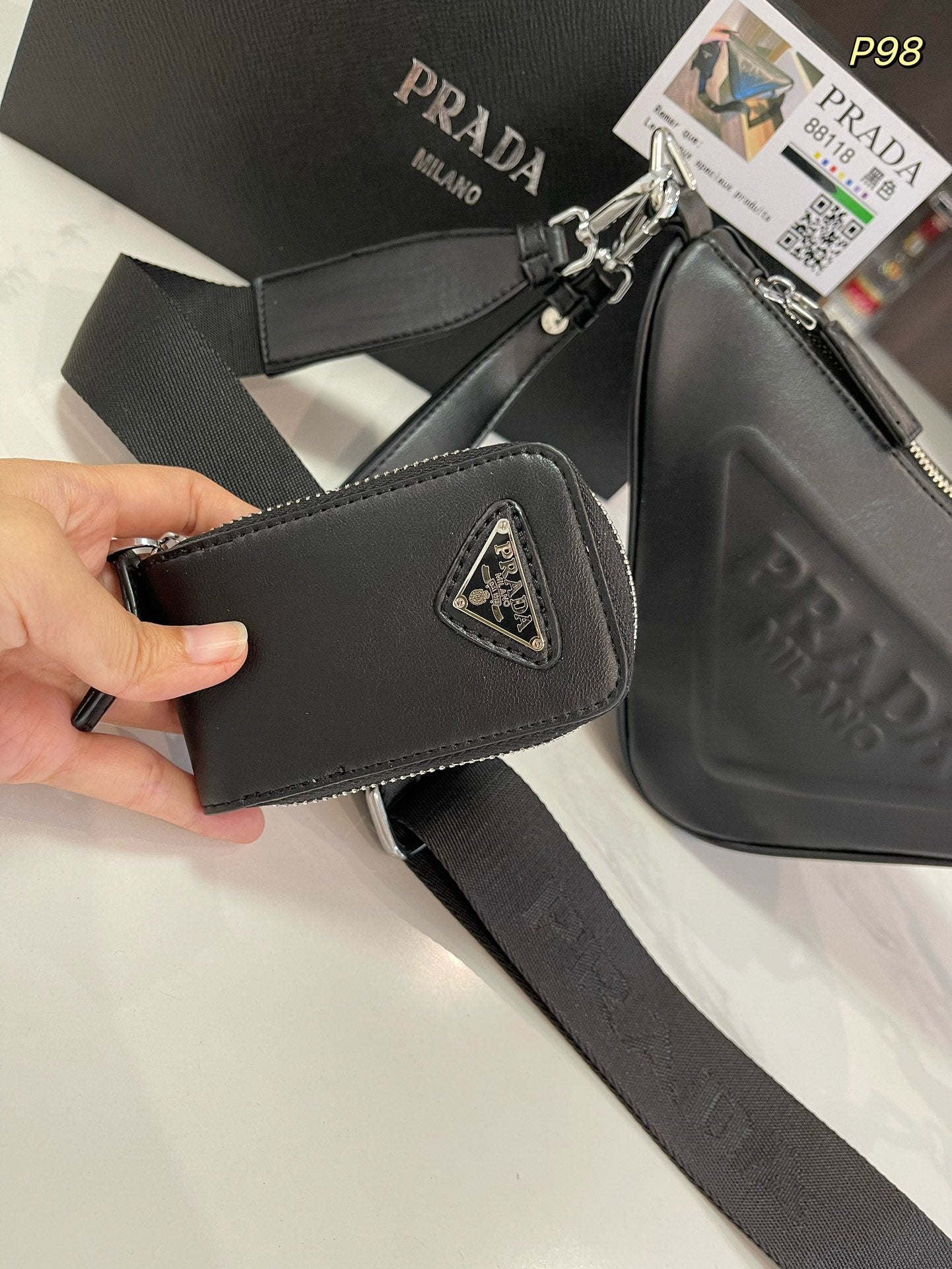PRADA TRIANGLE 27 SHOULDER BAG IN BLACK CALFSKIN WITH STRAP