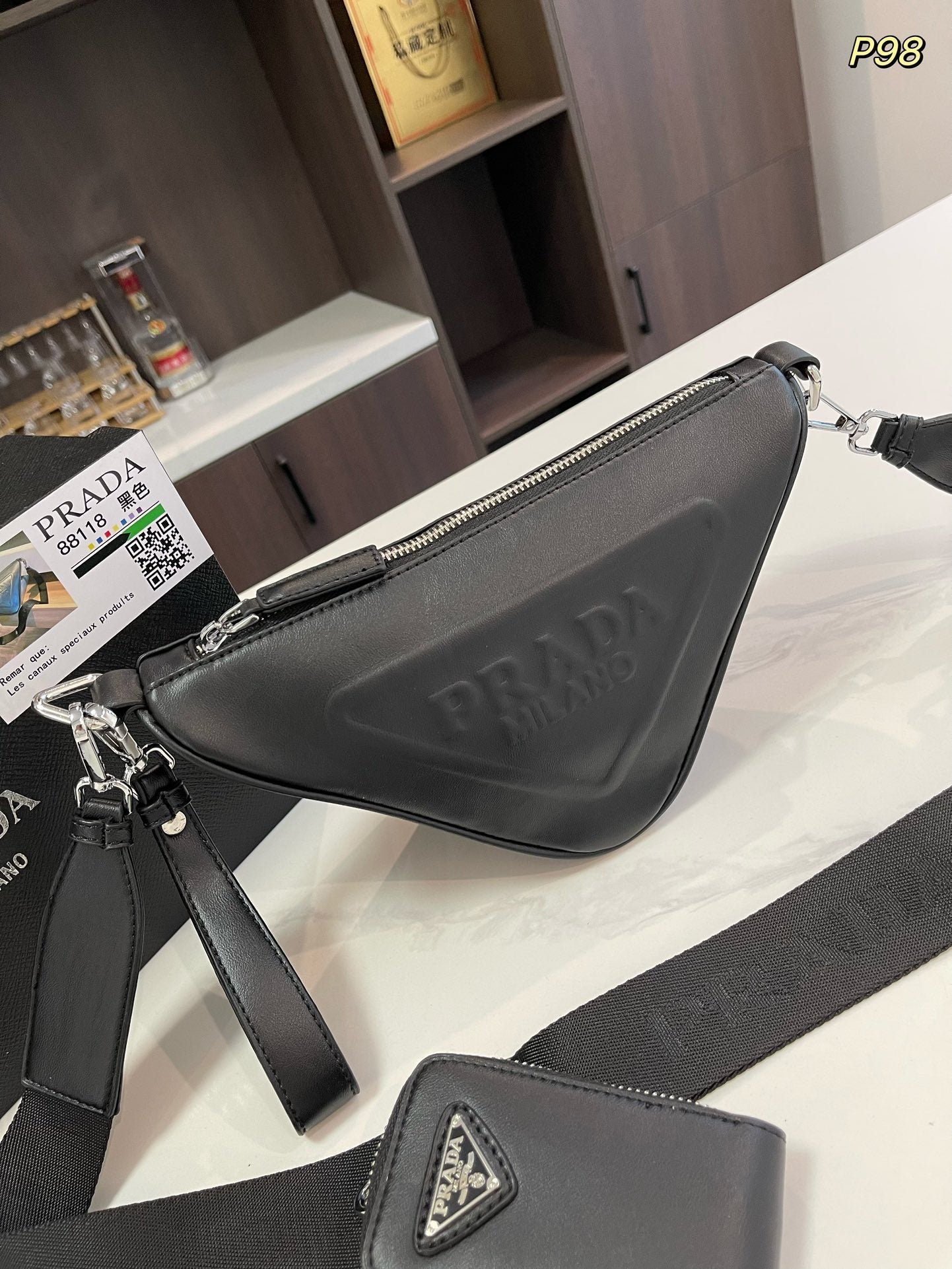 PRADA TRIANGLE 27 SHOULDER BAG IN BLACK CALFSKIN WITH STRAP
