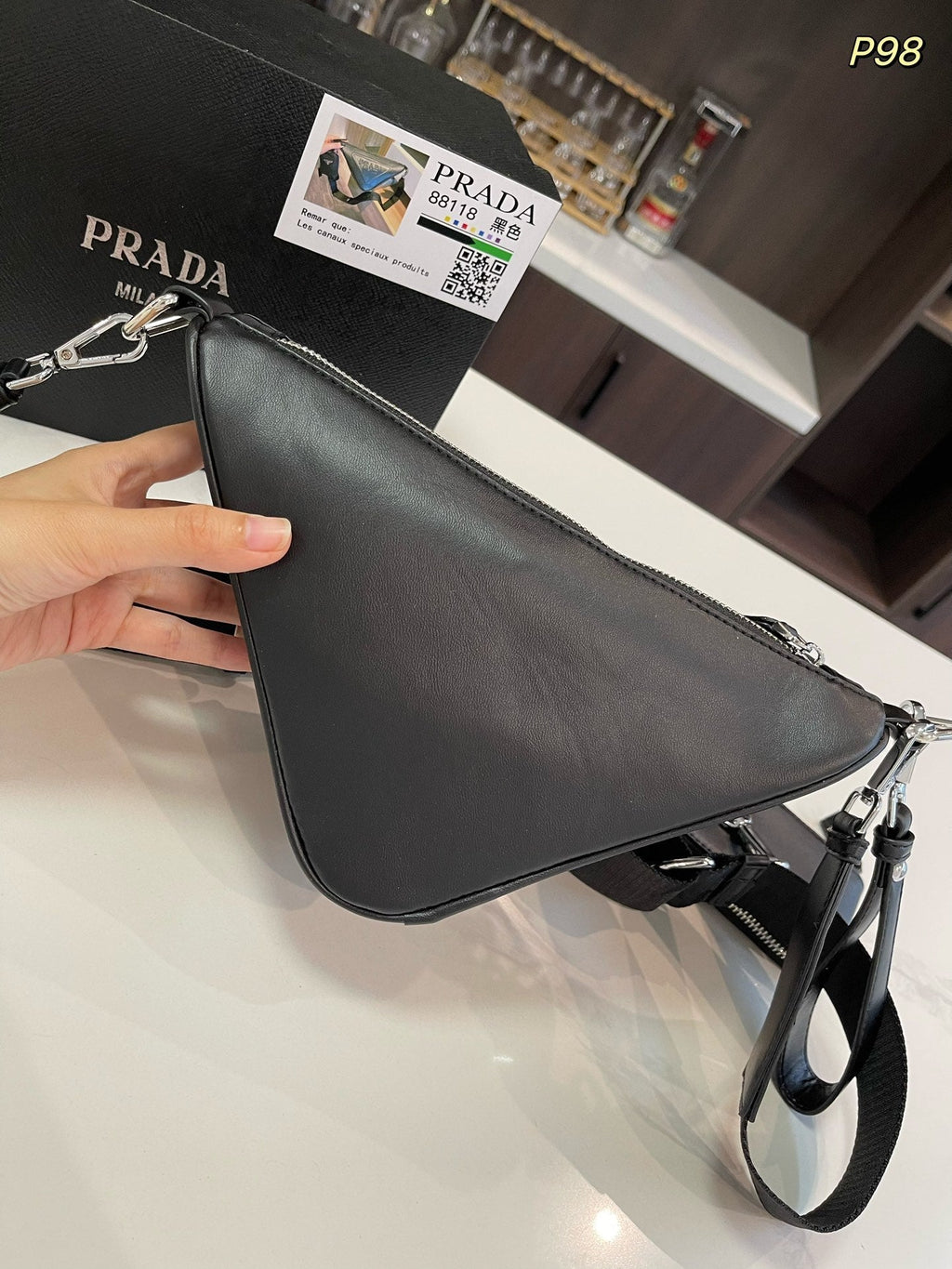 PRADA TRIANGLE 27 SHOULDER BAG IN BLACK CALFSKIN WITH STRAP