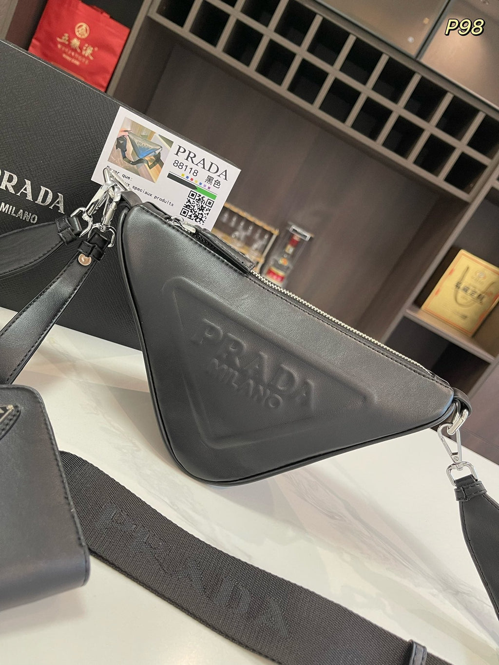 PRADA TRIANGLE 27 SHOULDER BAG IN BLACK CALFSKIN WITH STRAP