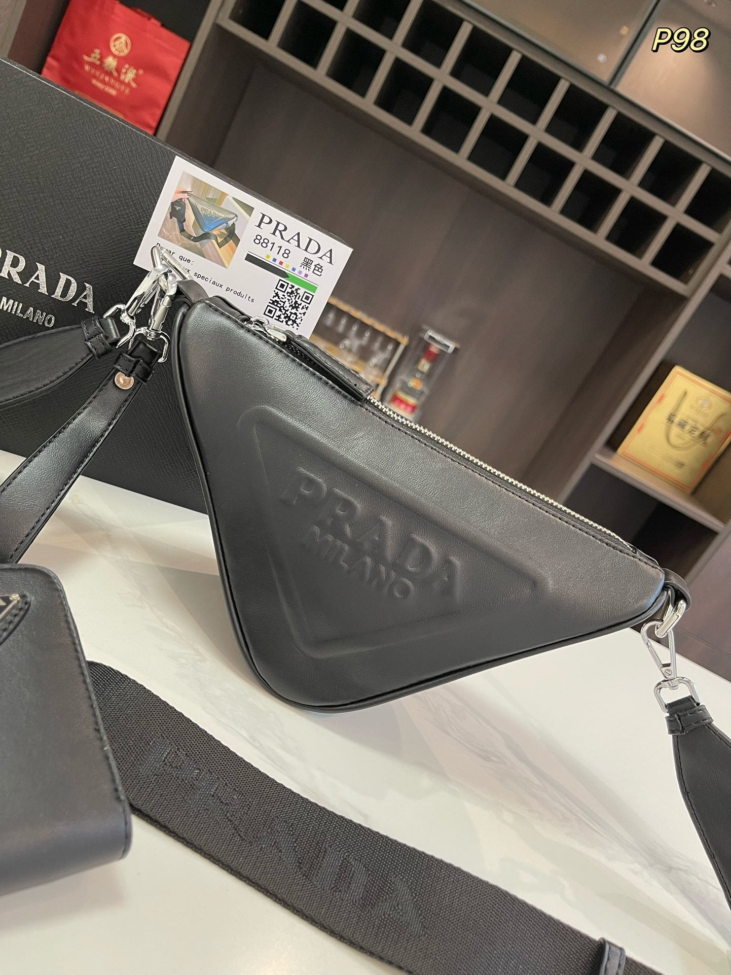PRADA TRIANGLE 27 SHOULDER BAG IN BLACK CALFSKIN WITH STRAP