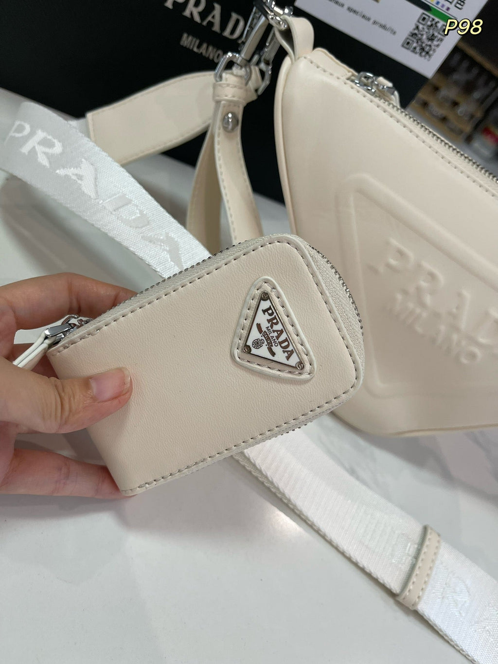 PRADA TRIANGLE 27 SHOULDER BAG IN WHITE CALFSKIN WITH STRAP