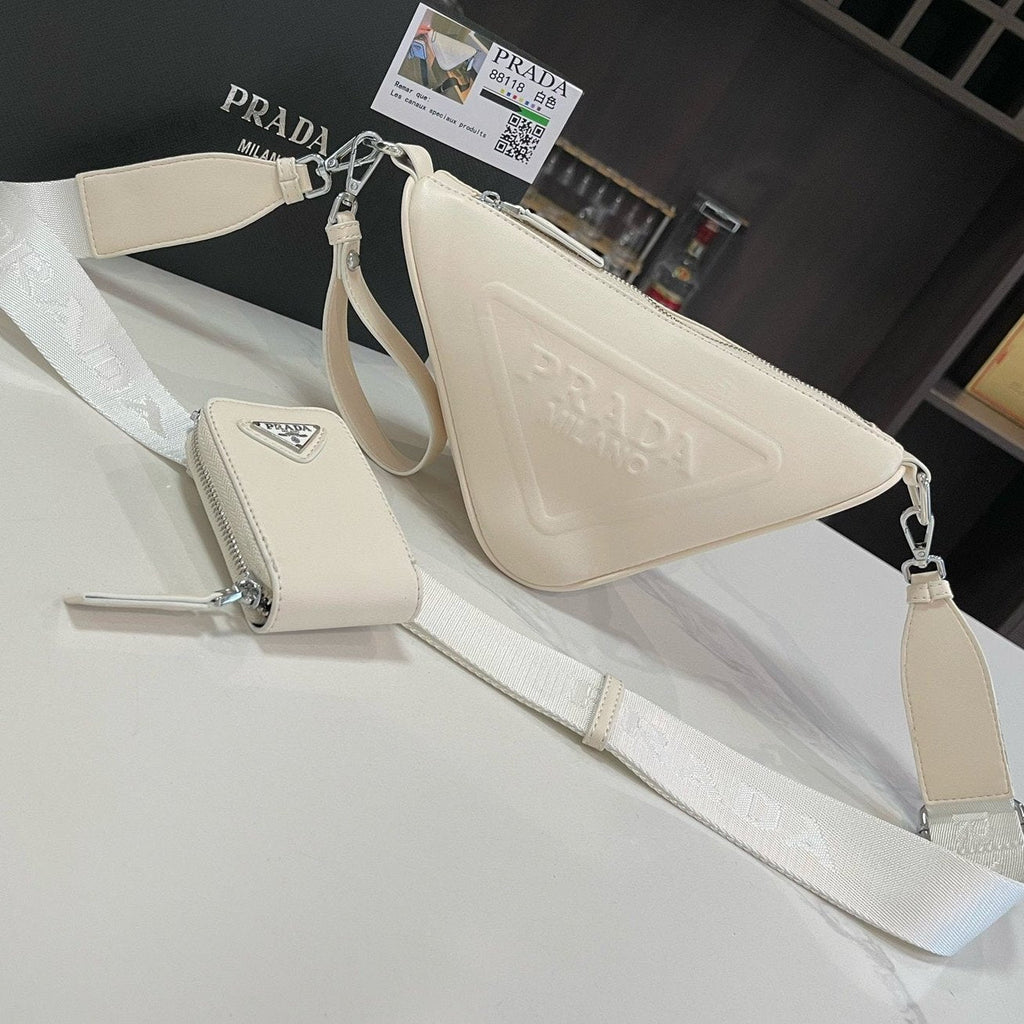 PRADA TRIANGLE 27 SHOULDER BAG IN WHITE CALFSKIN WITH STRAP