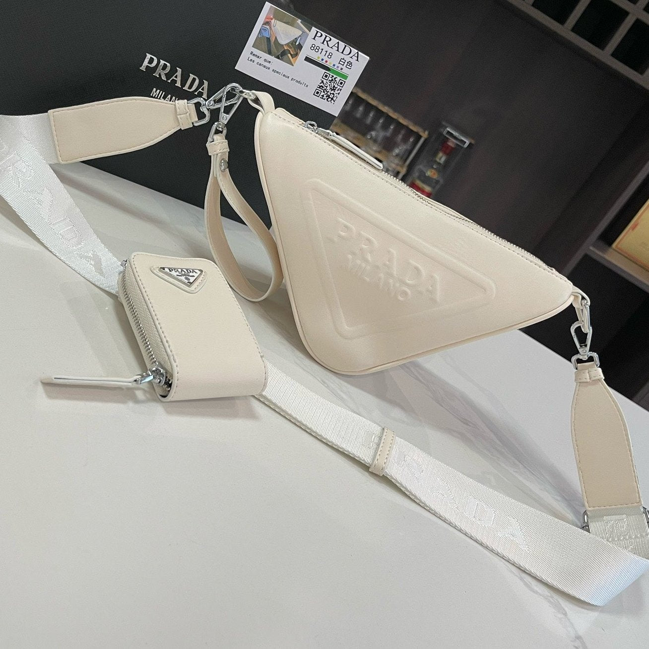 PRADA TRIANGLE 27 SHOULDER BAG IN WHITE CALFSKIN WITH STRAP
