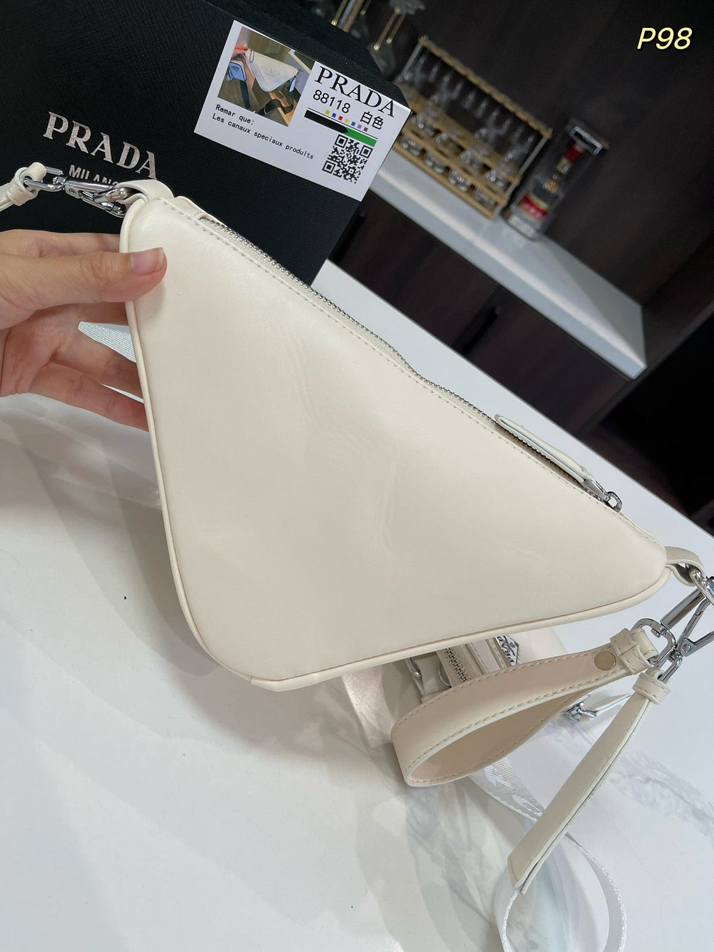 PRADA TRIANGLE 27 SHOULDER BAG IN WHITE CALFSKIN WITH STRAP