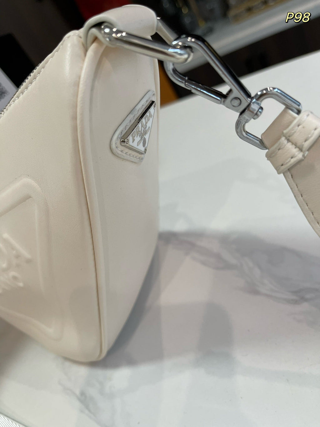 PRADA TRIANGLE 27 SHOULDER BAG IN WHITE CALFSKIN WITH STRAP