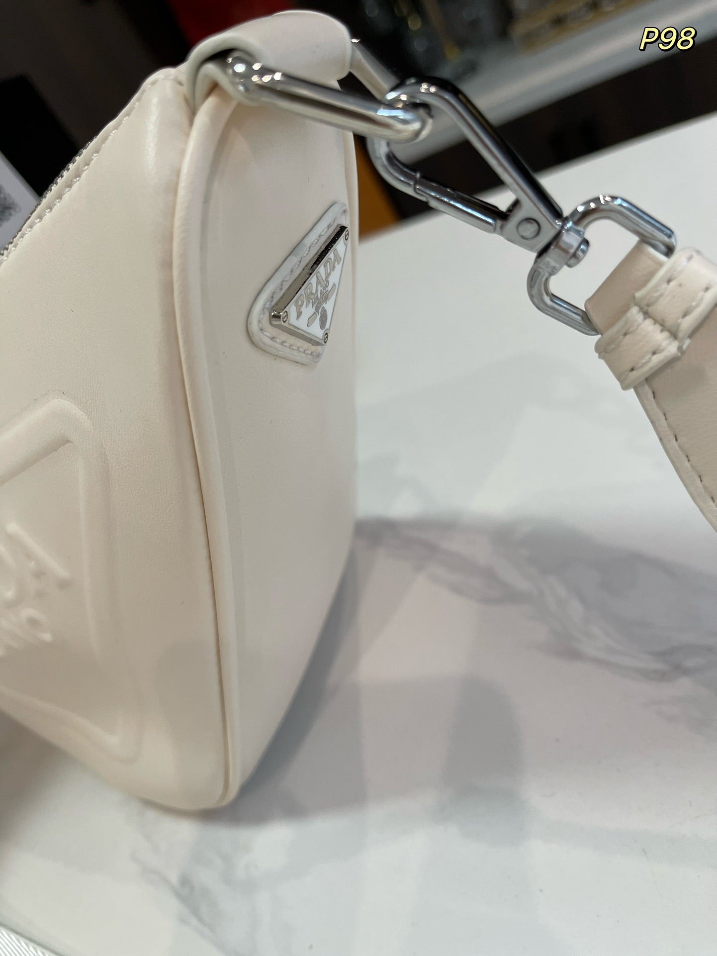 PRADA TRIANGLE 27 SHOULDER BAG IN WHITE CALFSKIN WITH STRAP