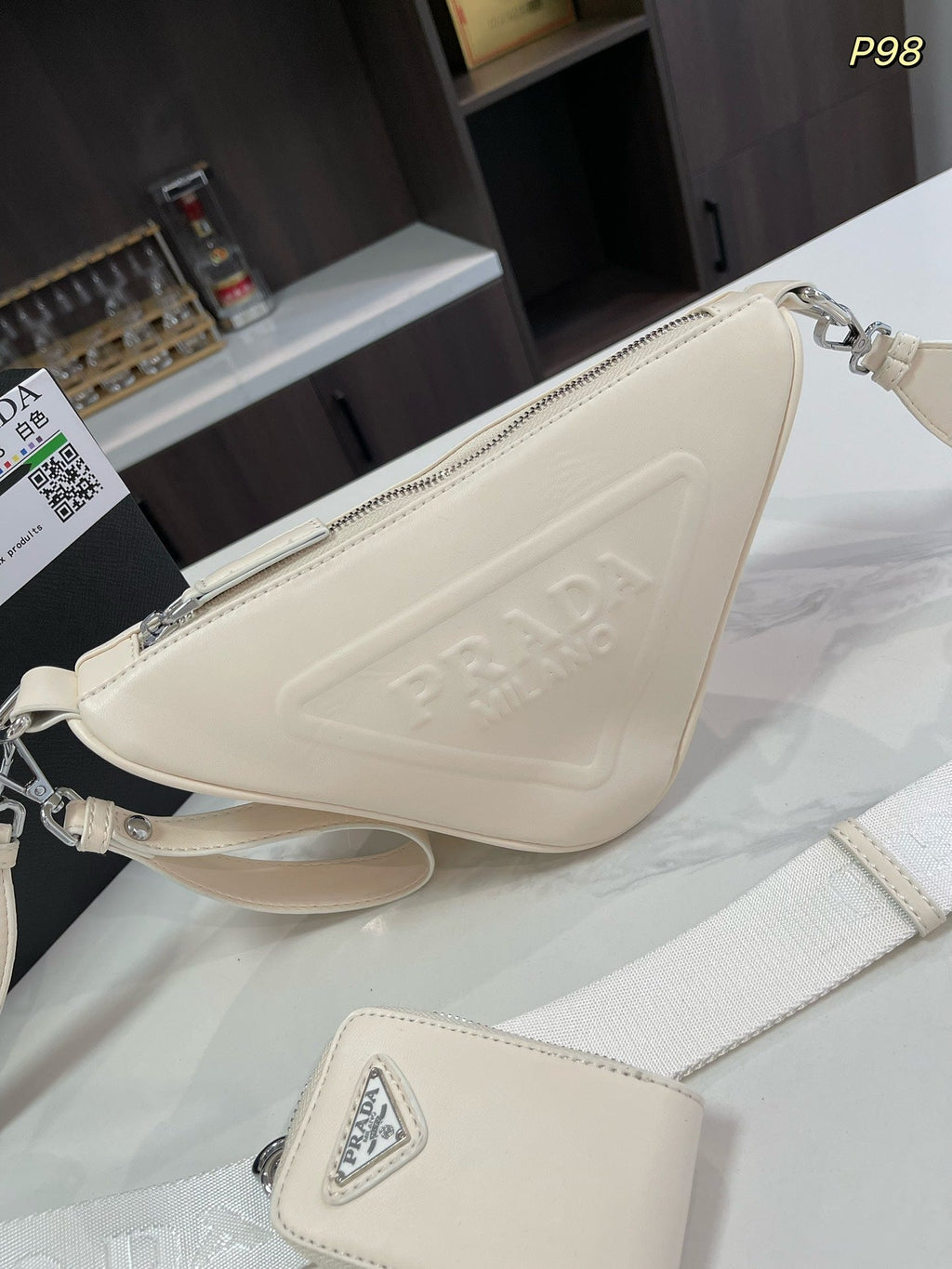 PRADA TRIANGLE 27 SHOULDER BAG IN WHITE CALFSKIN WITH STRAP