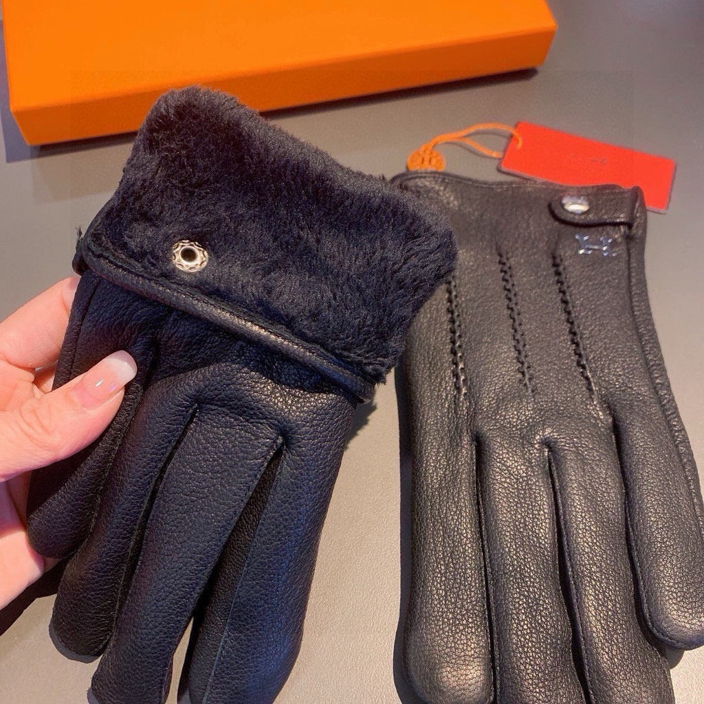 HERMES HUBERT GLOVES IN BLACK DEERSKIN WITH LAMB WOOL LINING 432639