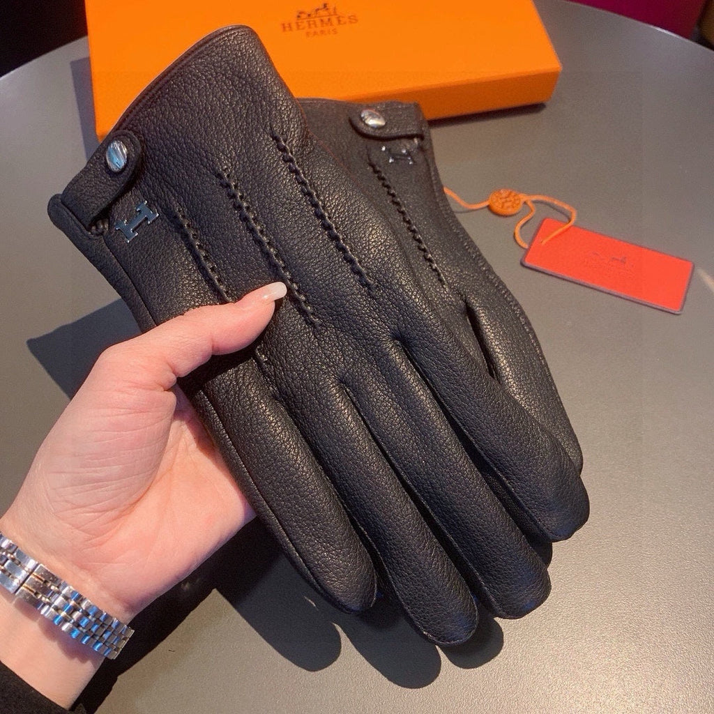 HERMES HUBERT GLOVES IN BLACK DEERSKIN WITH LAMB WOOL LINING 432639