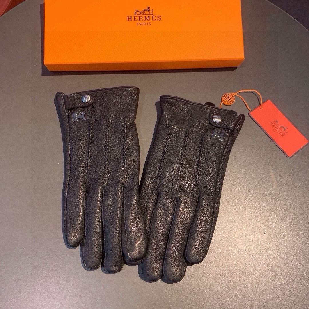 HERMES HUBERT GLOVES IN BLACK DEERSKIN WITH LAMB WOOL LINING 432639