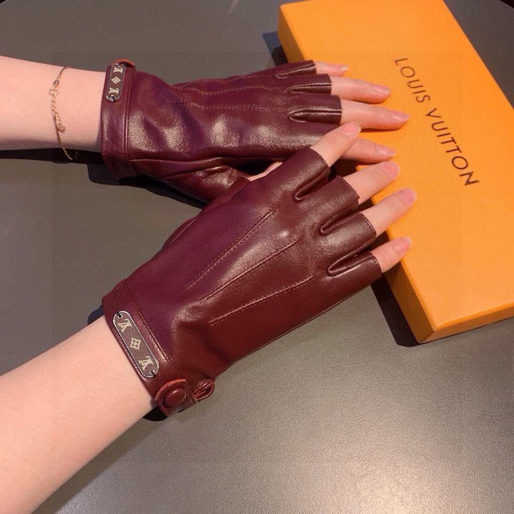 LOUIS VUITTON FINGERLESS GLOVES IN GARNET RED LAMBSKIN 453645