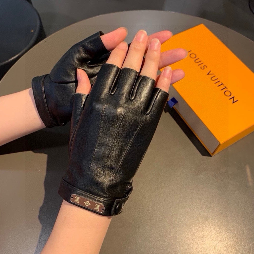LOUIS VUITTON FINGERLESS GLOVES IN BLACK LAMBSKIN 453646