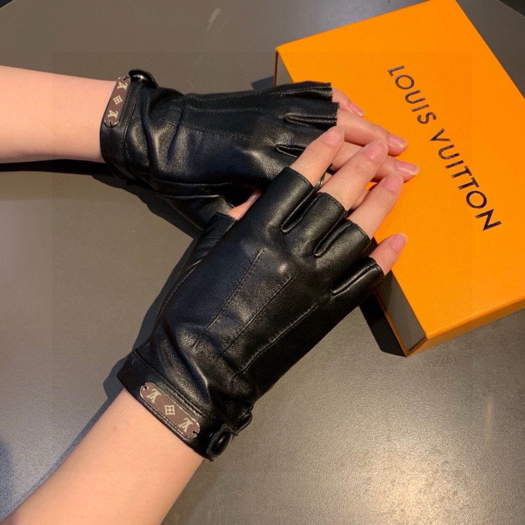 LOUIS VUITTON FINGERLESS GLOVES IN BLACK LAMBSKIN 453646