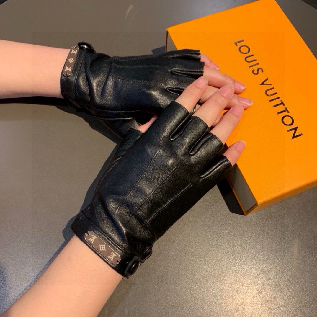 LOUIS VUITTON FINGERLESS GLOVES IN BLACK LAMBSKIN 453646