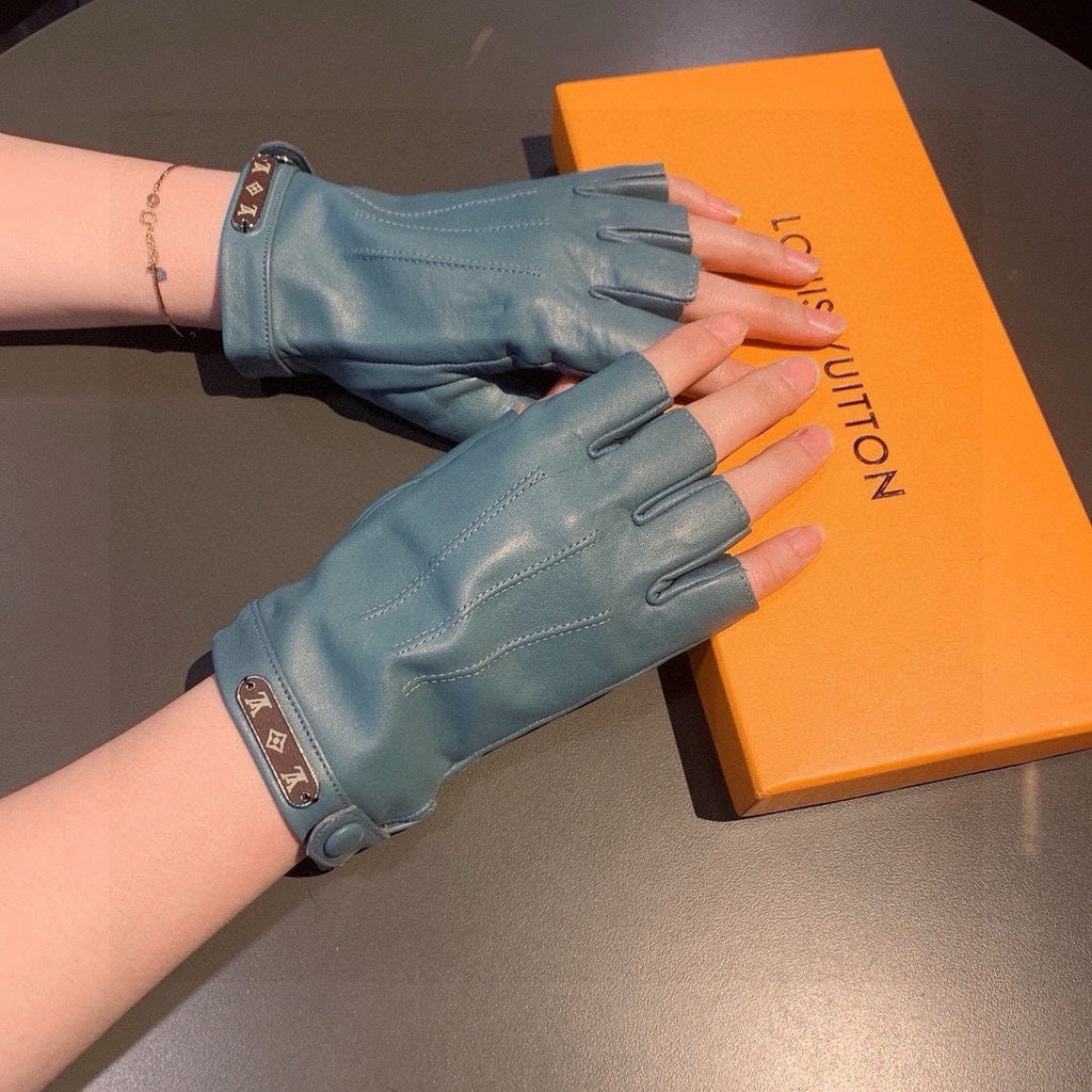 LOUIS VUITTON FINGERLESS GLOVES IN BLUE GREEN LAMBSKIN 453647
