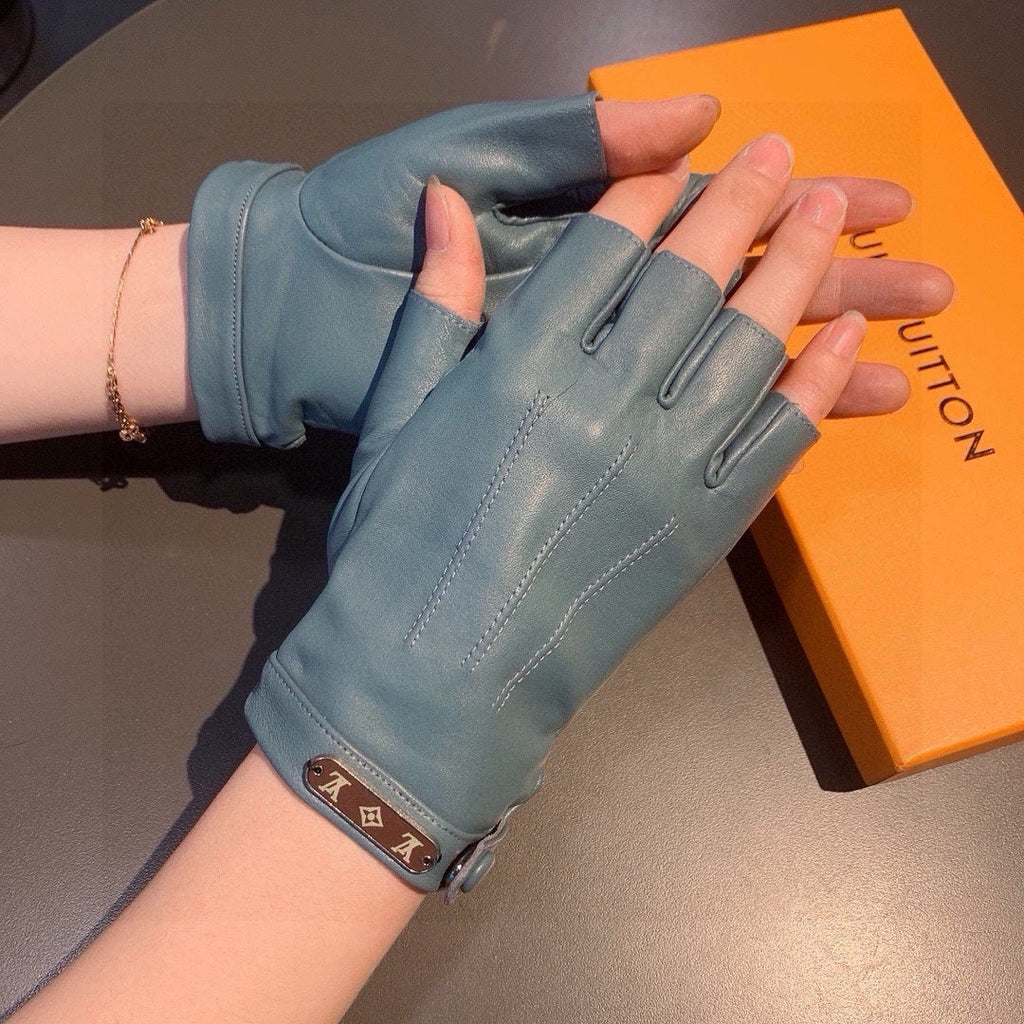 LOUIS VUITTON FINGERLESS GLOVES IN BLUE GREEN LAMBSKIN 453647