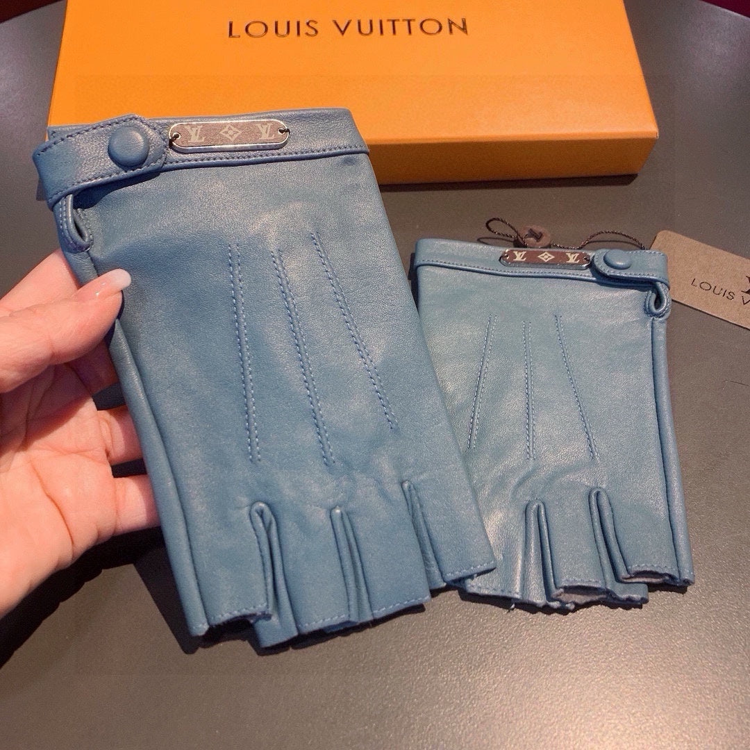 LOUIS VUITTON FINGERLESS GLOVES IN BLUE GREEN LAMBSKIN 453647