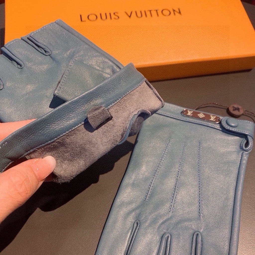 LOUIS VUITTON FINGERLESS GLOVES IN BLUE GREEN LAMBSKIN 453647