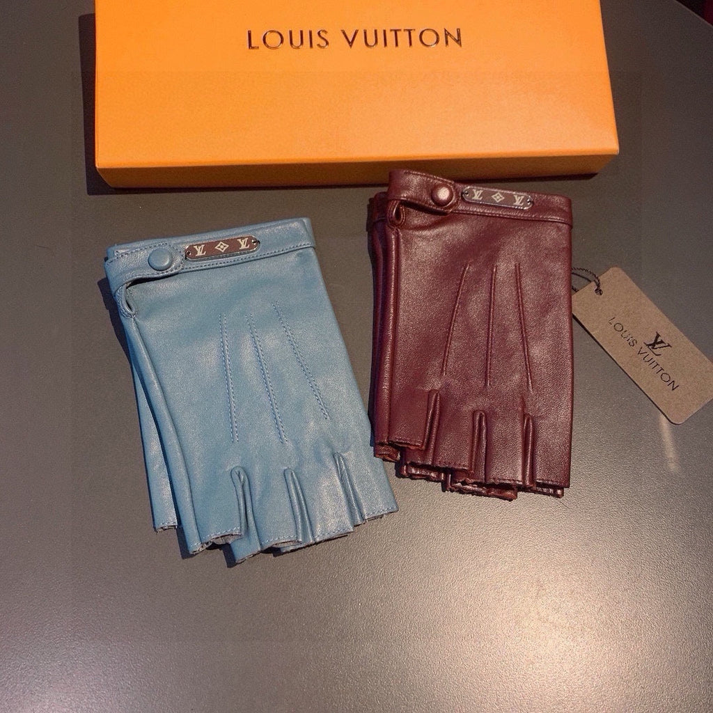 LOUIS VUITTON FINGERLESS GLOVES IN BLUE GREEN LAMBSKIN 453647