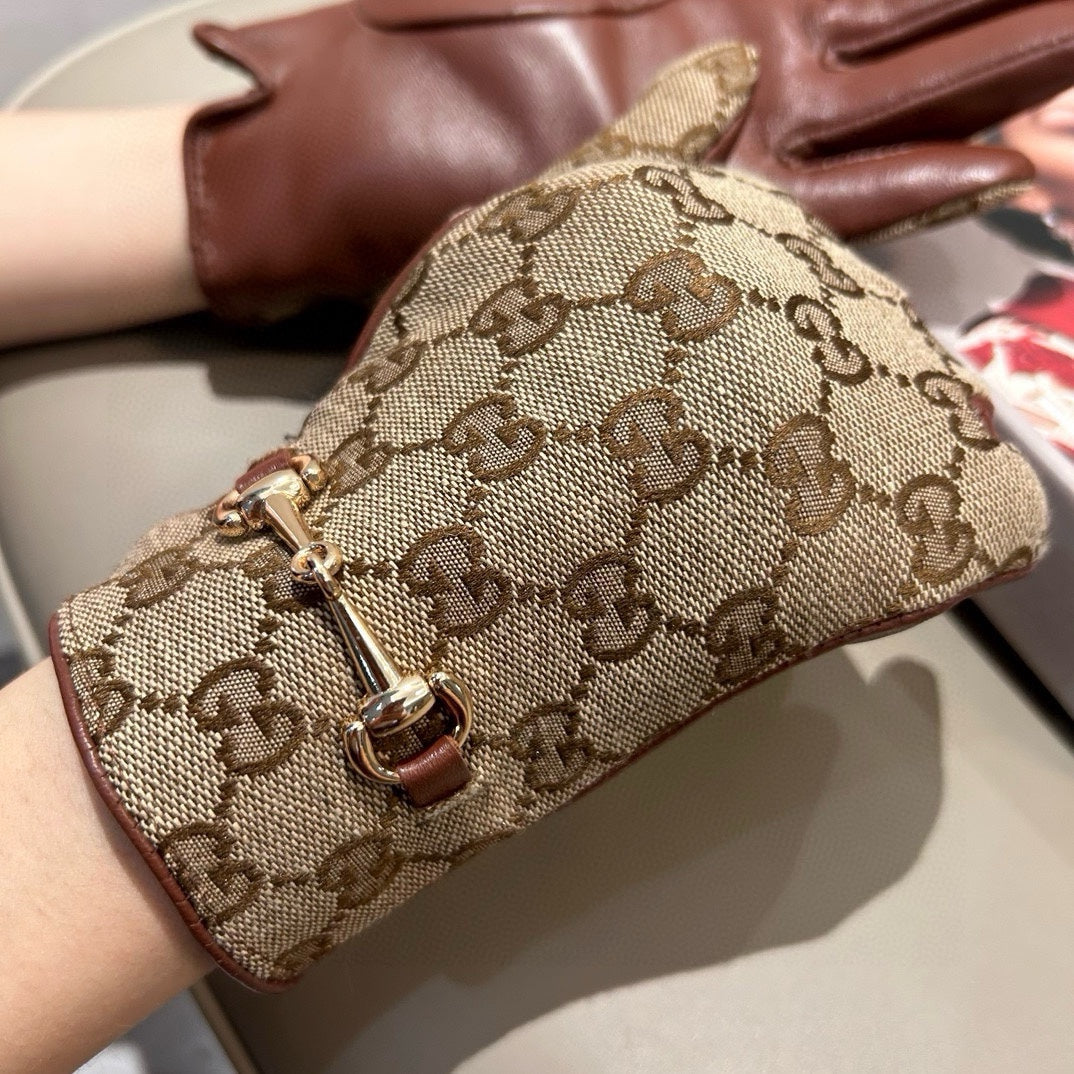 GUCCI HORSEBIT GLOVES IN BEIGE MONOGRAM JACQUARD FABRIC MIX RED BROWN SHEEPSKIN 456332