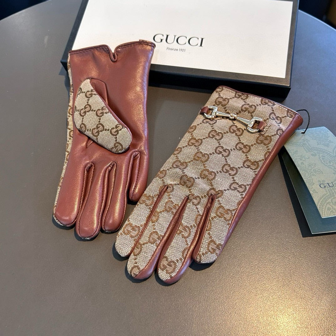GUCCI HORSEBIT GLOVES IN BEIGE MONOGRAM JACQUARD FABRIC MIX RED BROWN SHEEPSKIN 456332