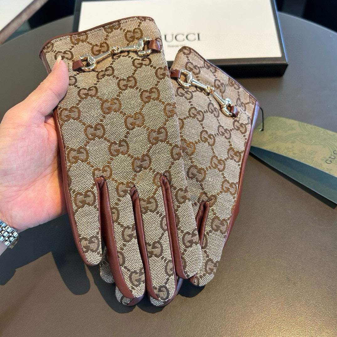 GUCCI HORSEBIT GLOVES IN BEIGE MONOGRAM JACQUARD FABRIC MIX RED BROWN SHEEPSKIN 456332