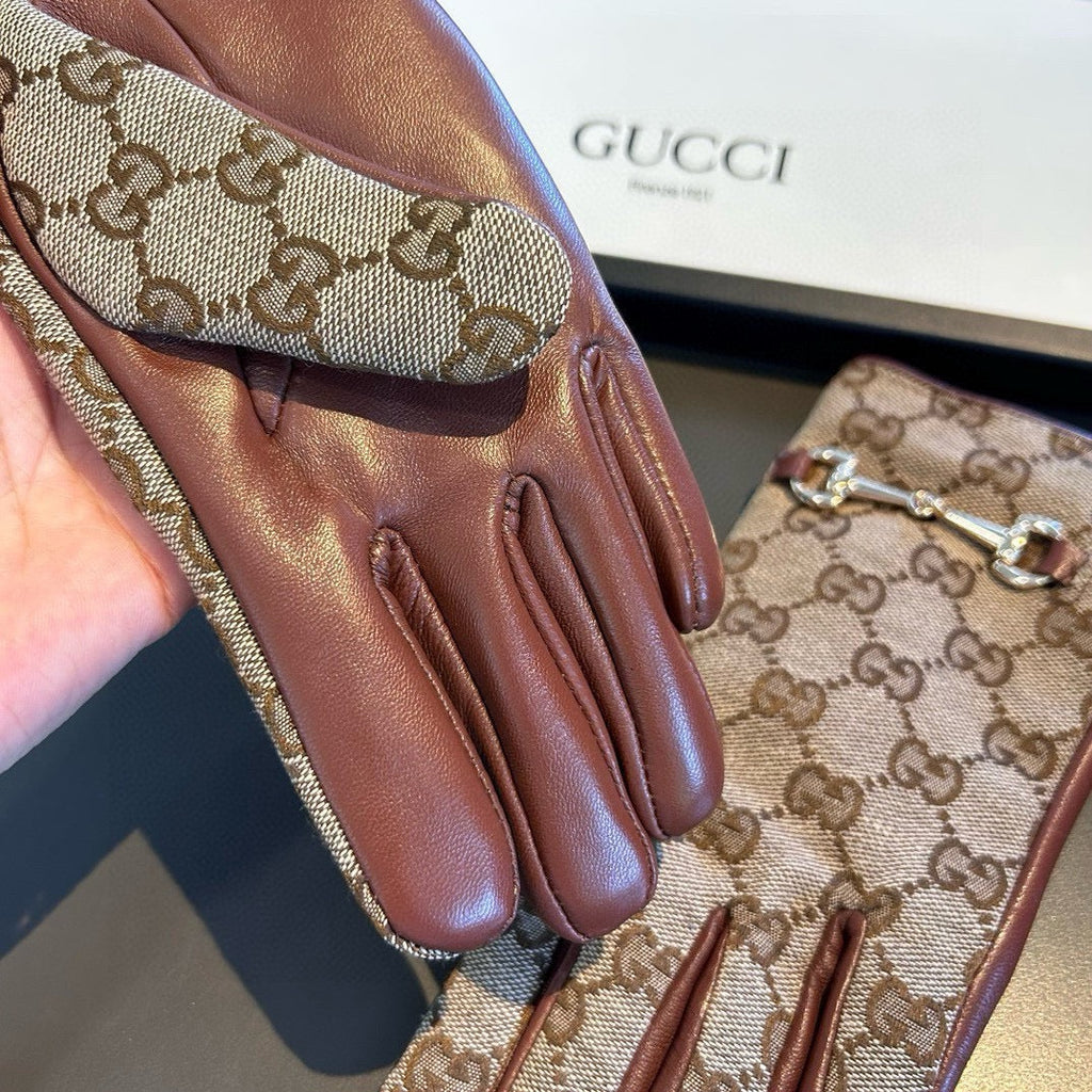 GUCCI HORSEBIT GLOVES IN BEIGE MONOGRAM JACQUARD FABRIC MIX RED BROWN SHEEPSKIN 456332
