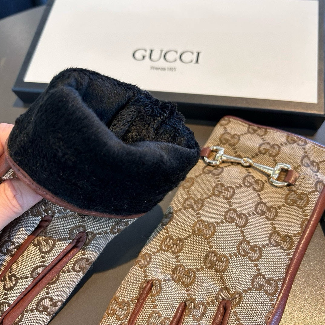 GUCCI HORSEBIT GLOVES IN BEIGE MONOGRAM JACQUARD FABRIC MIX RED BROWN SHEEPSKIN 456332