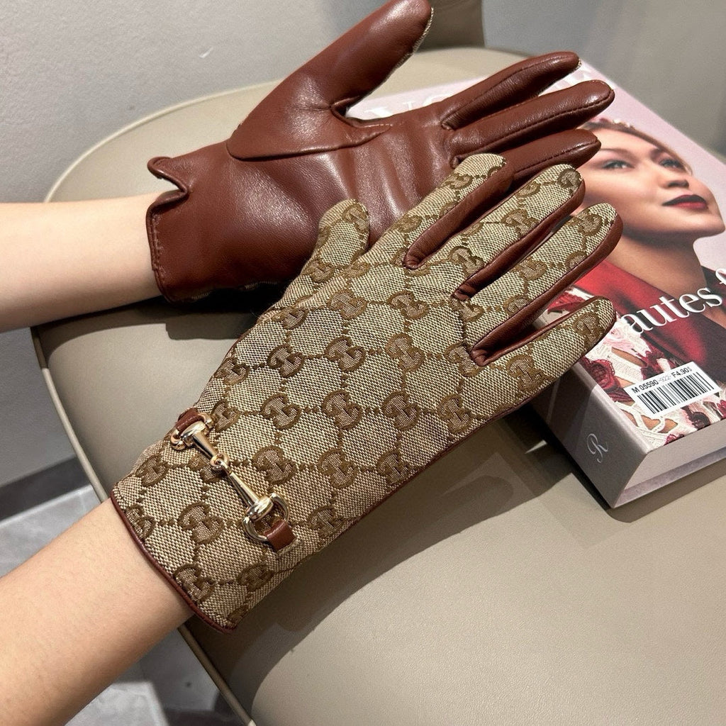 GUCCI HORSEBIT GLOVES IN BEIGE MONOGRAM JACQUARD FABRIC MIX RED BROWN SHEEPSKIN 456332