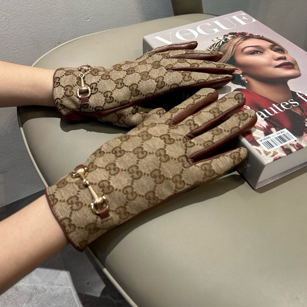 GUCCI HORSEBIT GLOVES IN BEIGE MONOGRAM JACQUARD FABRIC MIX RED BROWN SHEEPSKIN 456332