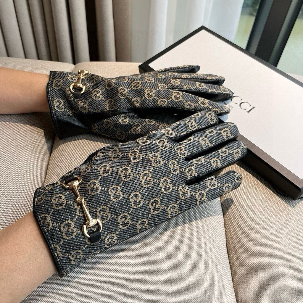GUCCI HORSEBIT GLOVES IN STONE BLUE MONOGRAM JACQUARD FABRIC MIX BLACK SHEEPSKIN 456333