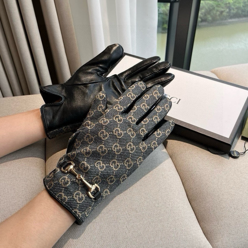GUCCI HORSEBIT GLOVES IN STONE BLUE MONOGRAM JACQUARD FABRIC MIX BLACK SHEEPSKIN 456333