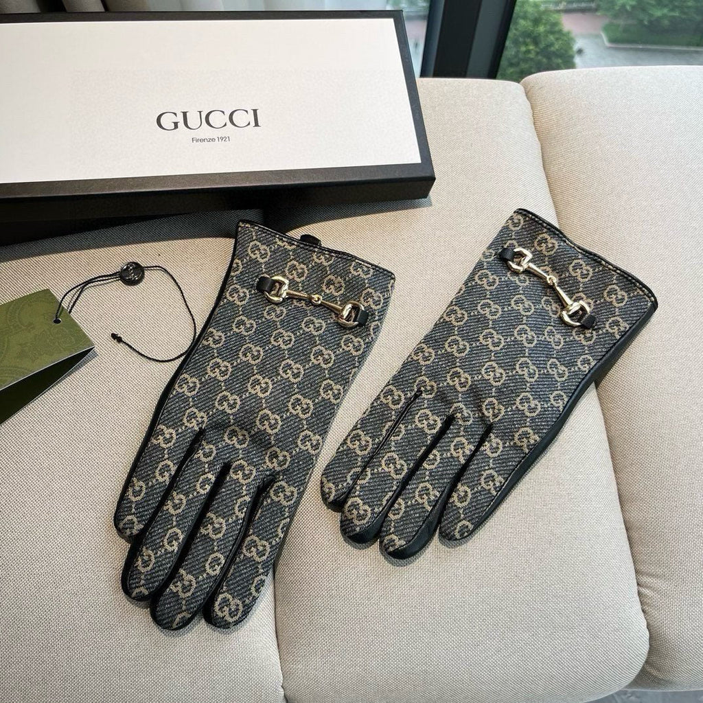 GUCCI HORSEBIT GLOVES IN STONE BLUE MONOGRAM JACQUARD FABRIC MIX BLACK SHEEPSKIN 456333