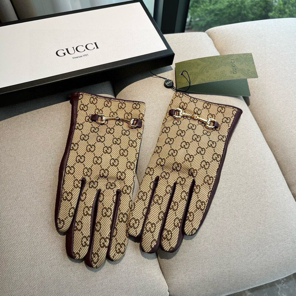 GUCCI HORSEBIT GLOVES IN BEIGE MONOGRAM JACQUARD FABRIC MIX MERLOT RED SHEEPSKIN 456334