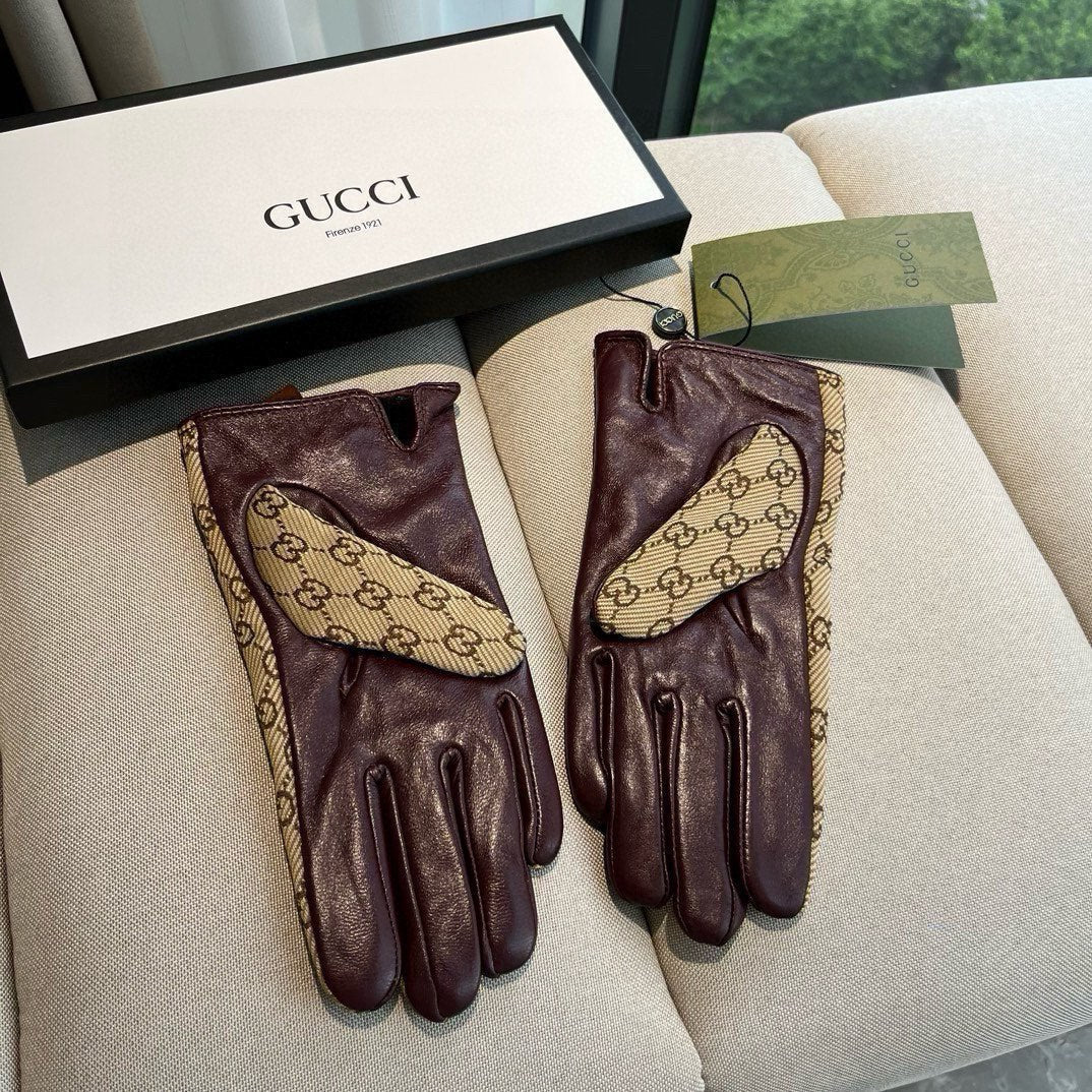GUCCI HORSEBIT GLOVES IN BEIGE MONOGRAM JACQUARD FABRIC MIX MERLOT RED SHEEPSKIN 456334