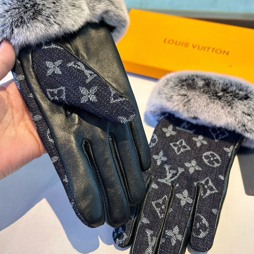 LOUIS VUITTON FINGERLESS GLOVES IN BLACK MONOGRAM DENIM AND LAMBSKIN WITH RABBIT FUR 458590